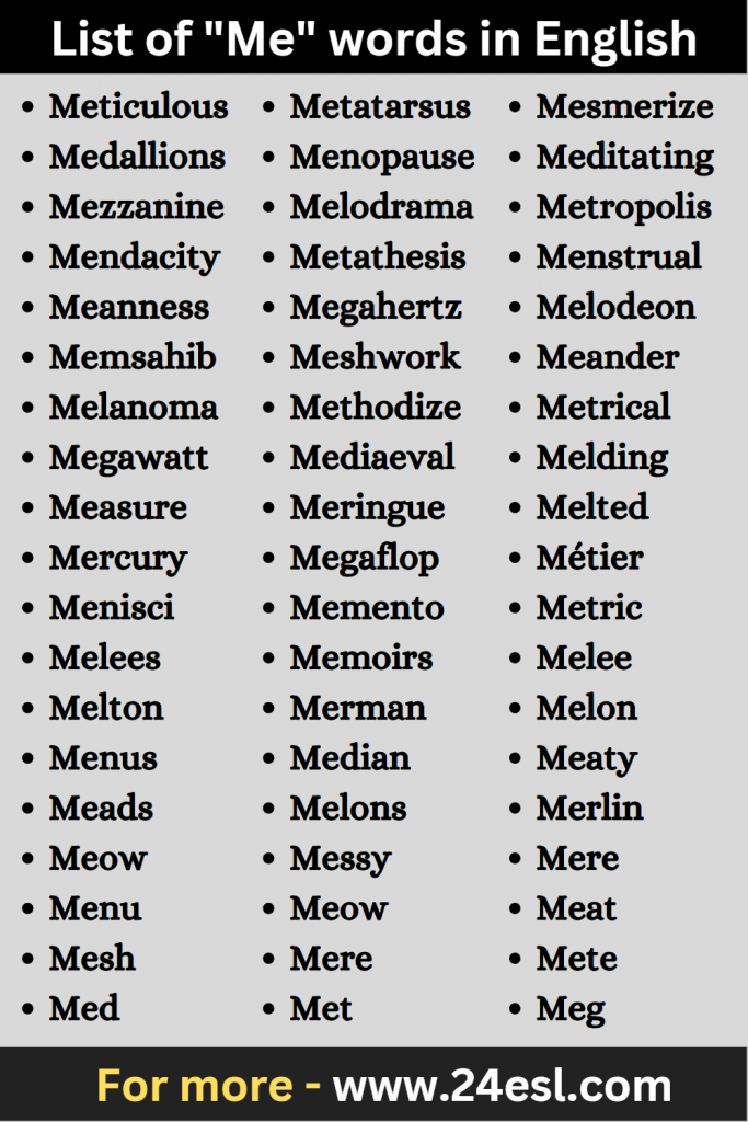 List of "Me" words in English