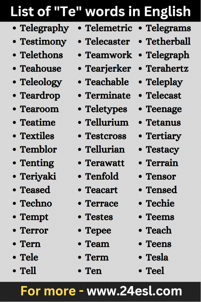 List of "Te" words in English