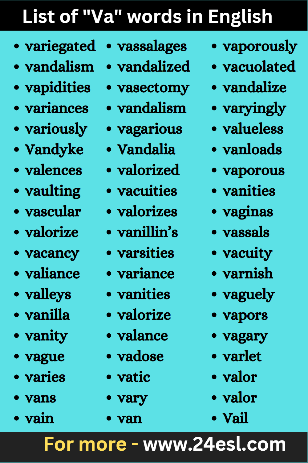List of “Va” words in English