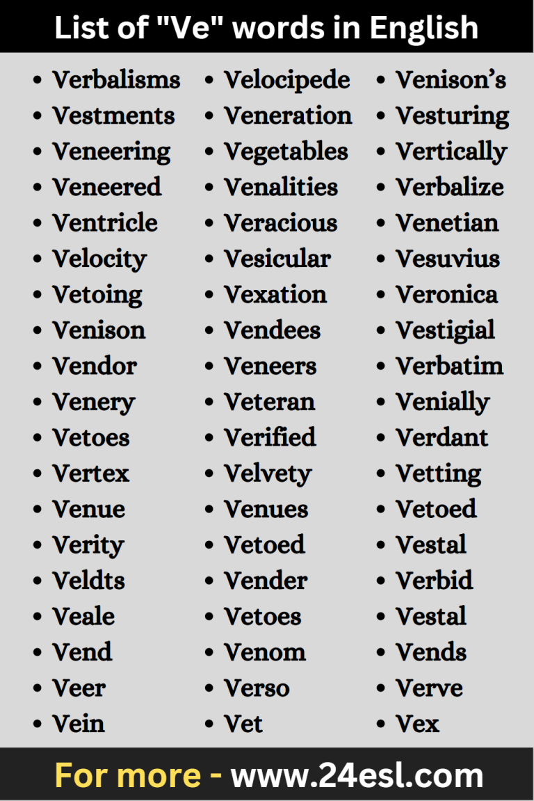 List of ve words in english 24esl